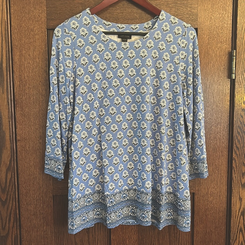 J. Jill Wearever Collection Women’s Tunic Blouse Size S Blue Floral 3/4 Sleeve